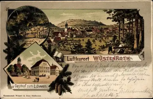 Litho Wüstenrot im Rems Murr Kreis, Gasthof zum Löwen, Friedrichsquelle, Panorama vom Ort