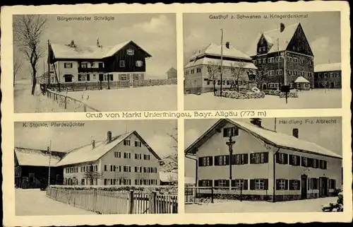 Ak Unterthingau im Allgäu, Gasthof zum Schwanen, Geschäft, Pferdezucht, Bürgermeisterhaus, Winter