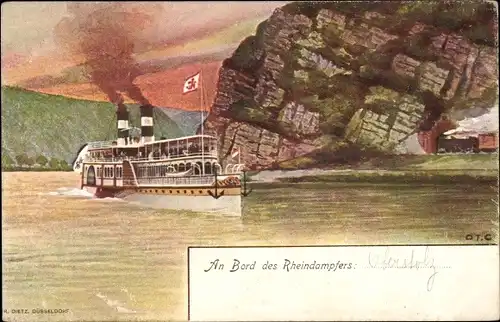 Künstler Litho Rheindampfer auf dem Fluss, Felsen