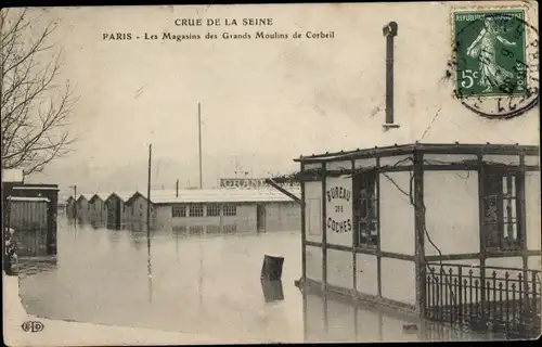 Ak Paris, Die große Seineflut Januar 1910, Die Geschäfte der Großen Mühlen von Corbeil