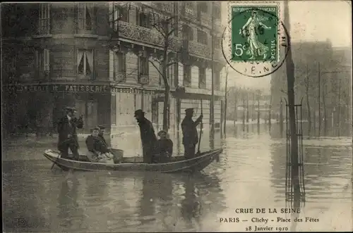 Ak Paris XIX Buttes Chaumont, Place des Fêtes, Die Überschwemmung der Seine, 28. Januar 1910