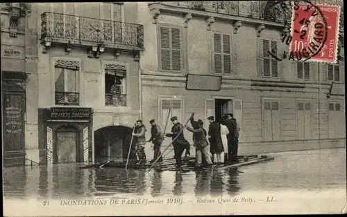 Postkarte Paris IV, Quai de Billy, Die große Seine-Flut Januar 1910