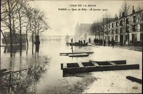 Postkarte Paris IV, Quai de Billy, Die große Seine-Flut Januar 1910