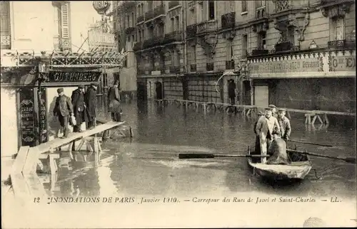 Postkarte Paris XV Vaugirard, Rues de Javel und Saint Charles, Die große Seineflut Januar 1910