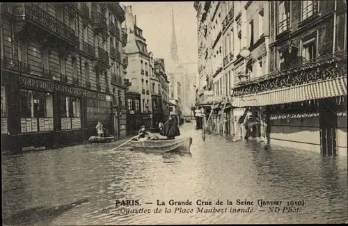 Postkarte Paris-V, Bezirk Place Maubert, Die Große Seine-Flut Januar 1910