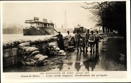 Postkarte Paris VIII, Cours la Reine, Die große Seineflut Januar 1910