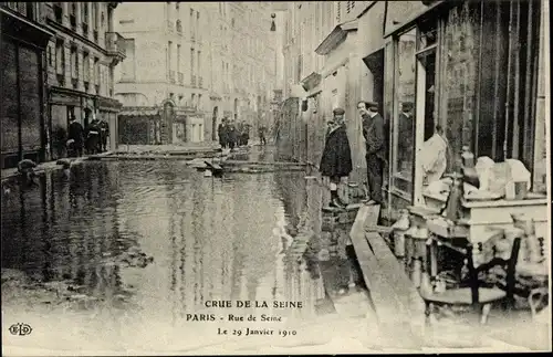 Ak Paris VI, Rue de Seine, Die große Seineflut, 29. Januar 1910