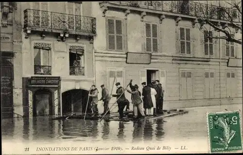 Postkarte Paris IV, Quai de Billy, Die große Seine-Flut Januar 1910