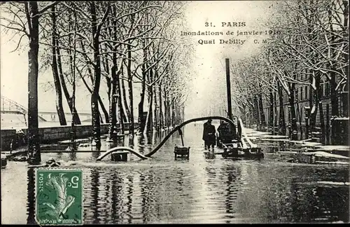 Postkarte Paris IV, Quai de Billy, Die große Seine-Flut Januar 1910