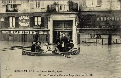 Postkarte Paris VI, Quai des Grands Augustins, Die große Seine-Flut Januar 1910