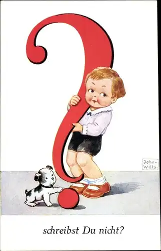Künstler Ak Wills, John, Schreibst du nicht, Junge mit Fragezeichen, Hund