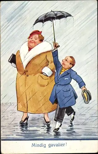 Künstler Ak Wills, John, Kleiner Mann hält Regenschirm für große Frau