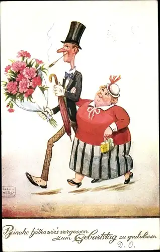 Künstler Ak Wills, John, Glückwunsch zum Geburtstag, großer dünner Mann, kleine dicke Frau, Blumen