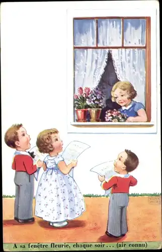 Künstler Ak Wills, John, Mädchen am Fenster, singende Kinder