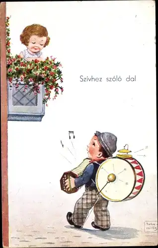 Künstler Ak Wills, John, Mädchen auf einem Balkon, Junge mit Musikinstrumenten