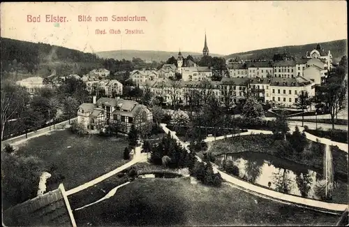 Ak Bad Elster im Vogtland, Blick vom Sanatorium, Med. Mech. Institut, Park, Kirche