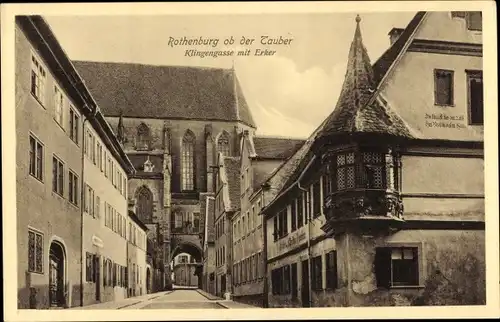 Ak Rothenburg ob der Tauber Mittelfranken, Klingengasse mit Erker