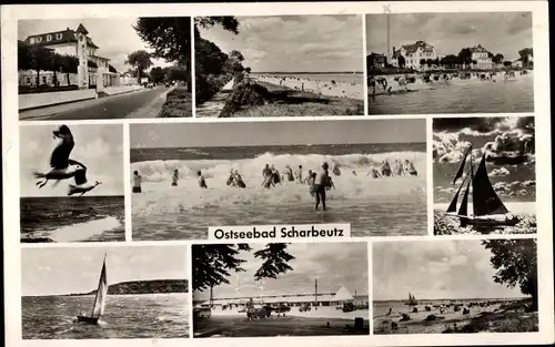 Ak Ostseebad Scharbeutz in Holstein, Promenade, Strand, Segelboote, Brandung, Badegäste