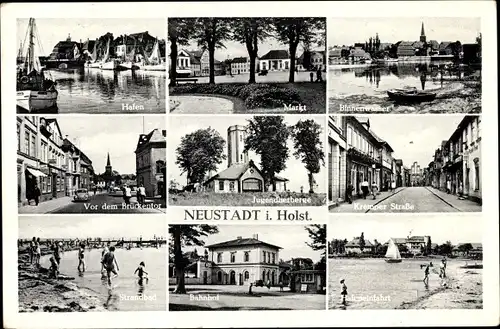 Ak Neustadt in Holstein, Jugendherberge, Bahnhof, Hafen, Strandbad