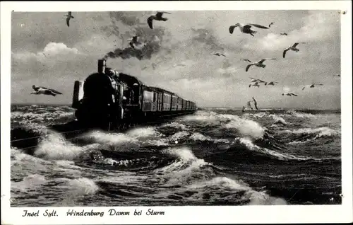 Ak Insel Sylt Nordfriesland, Hindenburgdamm bei Sturm, Möwen, Dampflok