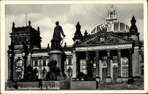 Ak Berlin Tiergarten, Bismarckdenkmal, Reichstagsgebäude