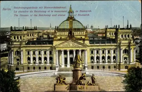 Ak Berlin Tiergarten, Reichstagsgebäude, Bismarckdenkmal