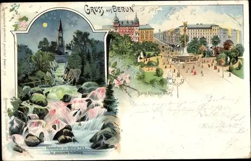 Litho Berlin Kreuzberg, Belle Alliance Platz, Victoria-Park, Wassersturz, elektrische Beleuchtung