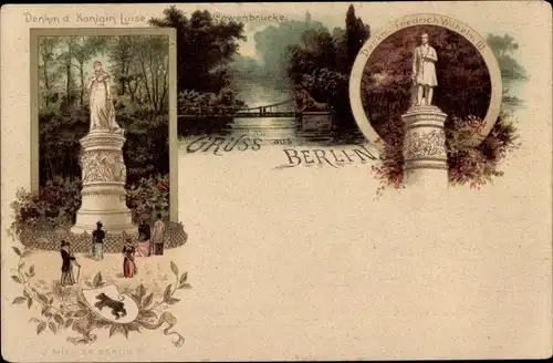 Litho Berlin Tiergarten, Löwenbrücke, Denkmal Königin Luise, Denkmal Friedrich Wilhelm III.