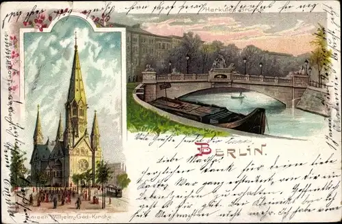 Litho Berlin Charlottenburg, Kaiser Wilhelm Gedächtniskirche, Herkules-Brücke