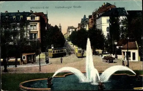 Ak Mannheim in Baden, Heidelberger Straße, Springbrunnen, Straßenbahn