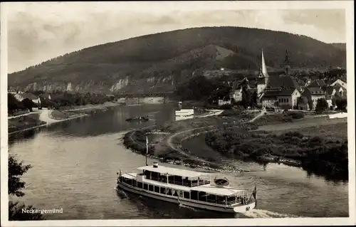 Ak Neckargemünd am Neckar, Teilansicht, Kirche, Dampfer