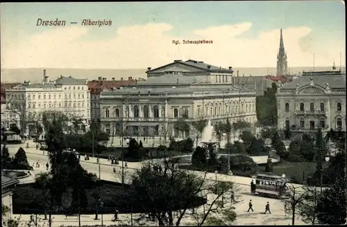 Ak Dresden Neustadt, Albertplatz, Königliches Schauspielhaus, Straßenbahn