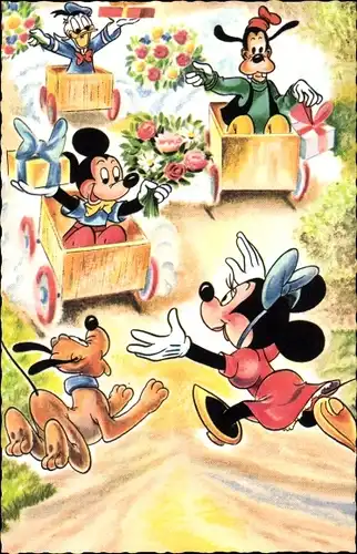 Künstler Ak Walt Disney, Donald Duck, Mickey Maus, Goofy, Seifenkisten, Minnie, Pluto