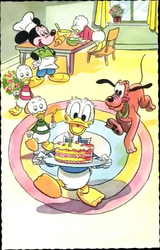Künstler Ak Walt Disney, Donald Duck mit Geburtstagstorte, Mickey Maus, Pluto