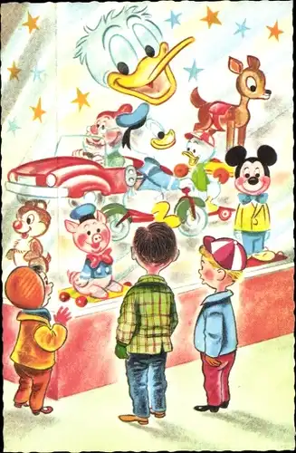 Künstler Ak Walt Disney, Kinder vor einem Schaufenster mit Disney Spielzeugen, Donald, Mickey