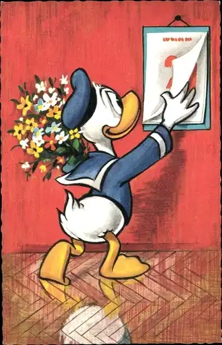 Künstler Ak Walt Disney, Donald Duck mit Blumenstrauß, Kalender