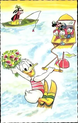 Künstler Ak Walt Disney, Donald Duck mit Blumenstrauß fährt Wasserski, Motorboot, Mickey, Goofy