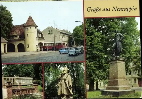 Ak Neuruppin in Brandenburg, Bahnhof Rheinsberger Tor, HO-Café Tempelgarten, Schinkeldenkmal