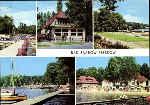 Ak Bad Saarow Pieskow in der Mark, HOG Pechhütte, Strandbad, Erich Weinert Platz, Bootsanlegestelle