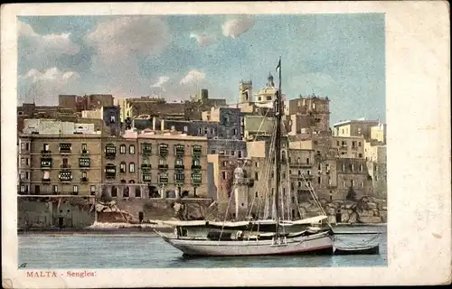 Ak Senglea Malta, Segelboot, Häuser