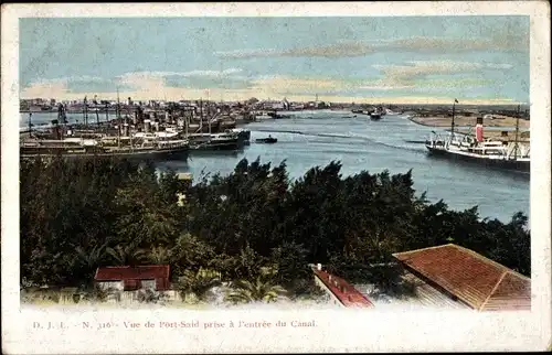 Ak Port-Saïd Ägypten, Ansicht von Port-Said, aufgenommen am Eingang zum Kanal