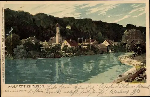 Litho Wolfratshausen in Oberbayern, Ortsansicht, Flusspartie