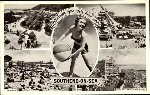 Ak Southend on Sea Essex England, Strand, Pier Hall, Palace Hotel, Sunken Gardens