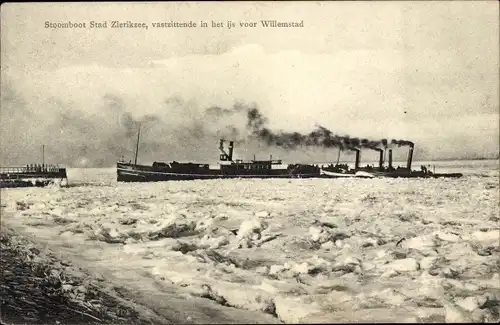 Ak Willemstad Nordbrabant Niederlande, Stoomboot Stad Zierikzee, vastzittende in het ijs
