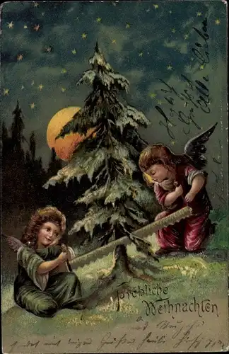 Präge Litho Glückwunsch Weihnachten, Zwei Engel fällen einen Tannenbaum, Mondschein