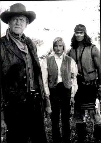 Foto Schauspieler James Arness, Amy Stock-Poynton, Joe Lara, Filmszene Der letzte Apache,Pressefoto