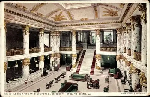 Ak Richmond Virginia USA, Jefferson Hotel, Lobby und Grand Staircase