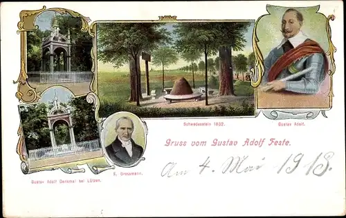 Ak Lützen im Burgenlandkreis, Gustav Adolf Fest, Schwedenstein, Denkmal, E. Grossmann, Portrait