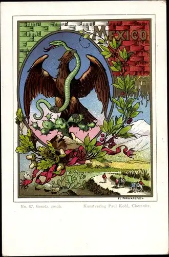 Litho Mexiko, Popocatepetl, Adler, Schlange, Kaktus
