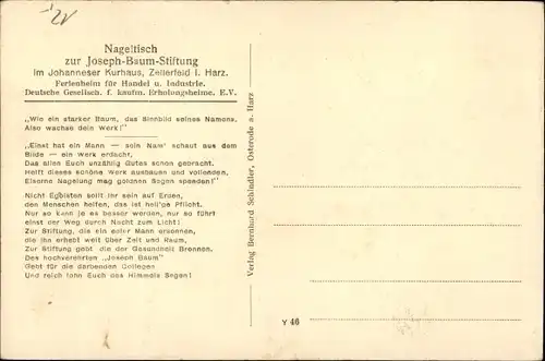 Ak Clausthal Zellerfeld im Oberharz, Nageltisch, Joseph-Baum-Stiftung 1923, Johanneser Kurhaus